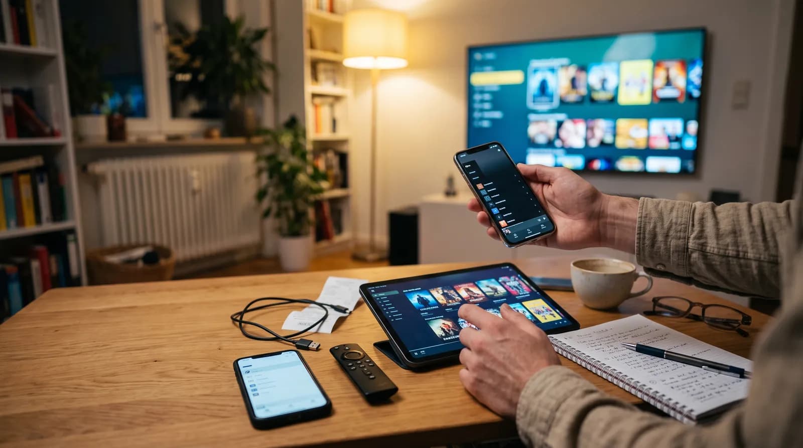 Person vergleicht IPTV Apps auf Smartphone und Tablet, daneben Fire-TV-Fernbedienung und Notizen, im Hintergrund ein Smart-TV mit Filmübersicht