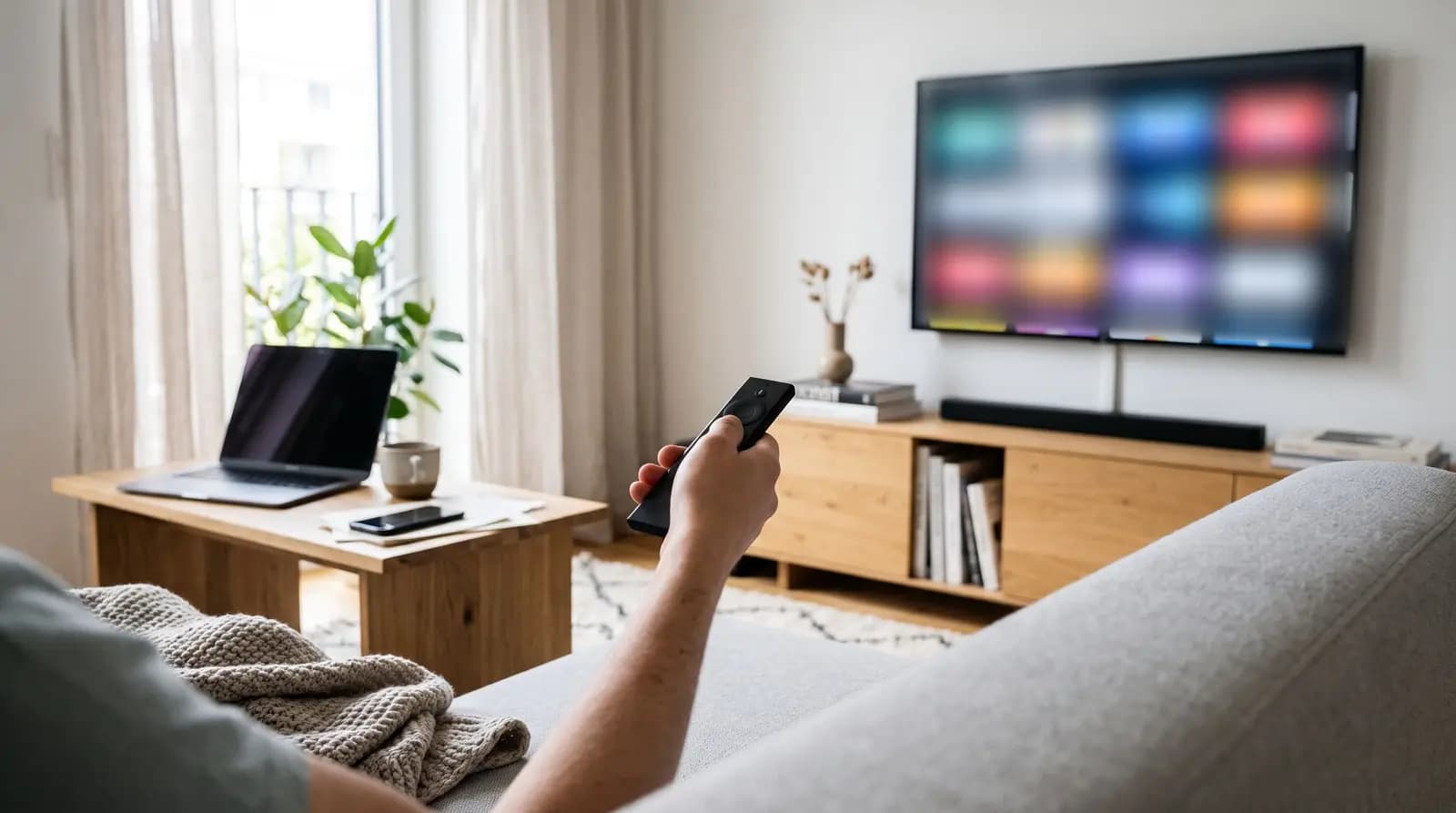Person auf dem Sofa mit Fernbedienung vor einem großen Smart-TV mit App-Übersicht in einem hellen Wohnzimmer