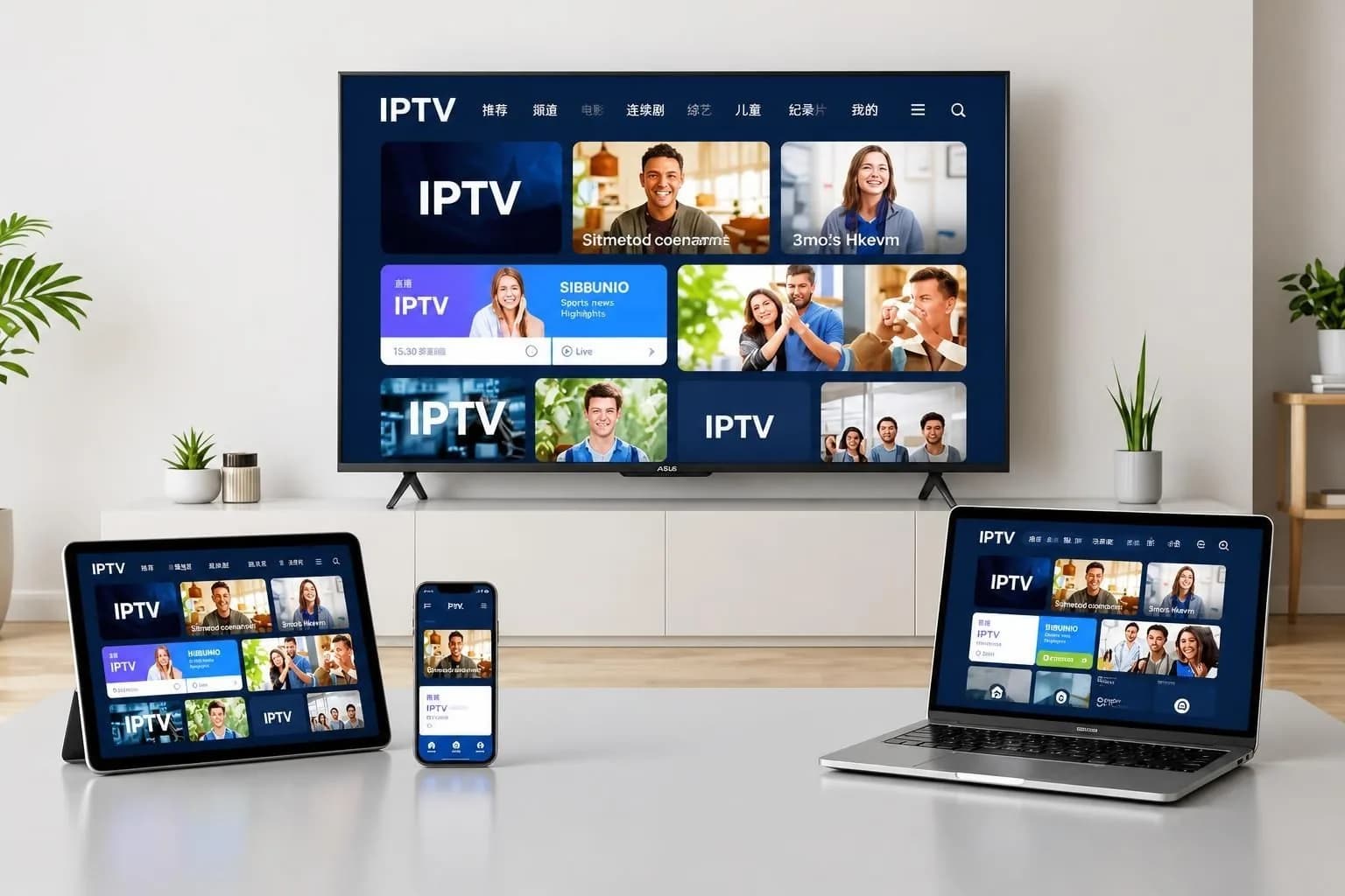 IPTV-Streaming-Setup auf einem Smart-TV, Tablet und Smartphone beim Vergleich von Optionen zum IPTV kaufen