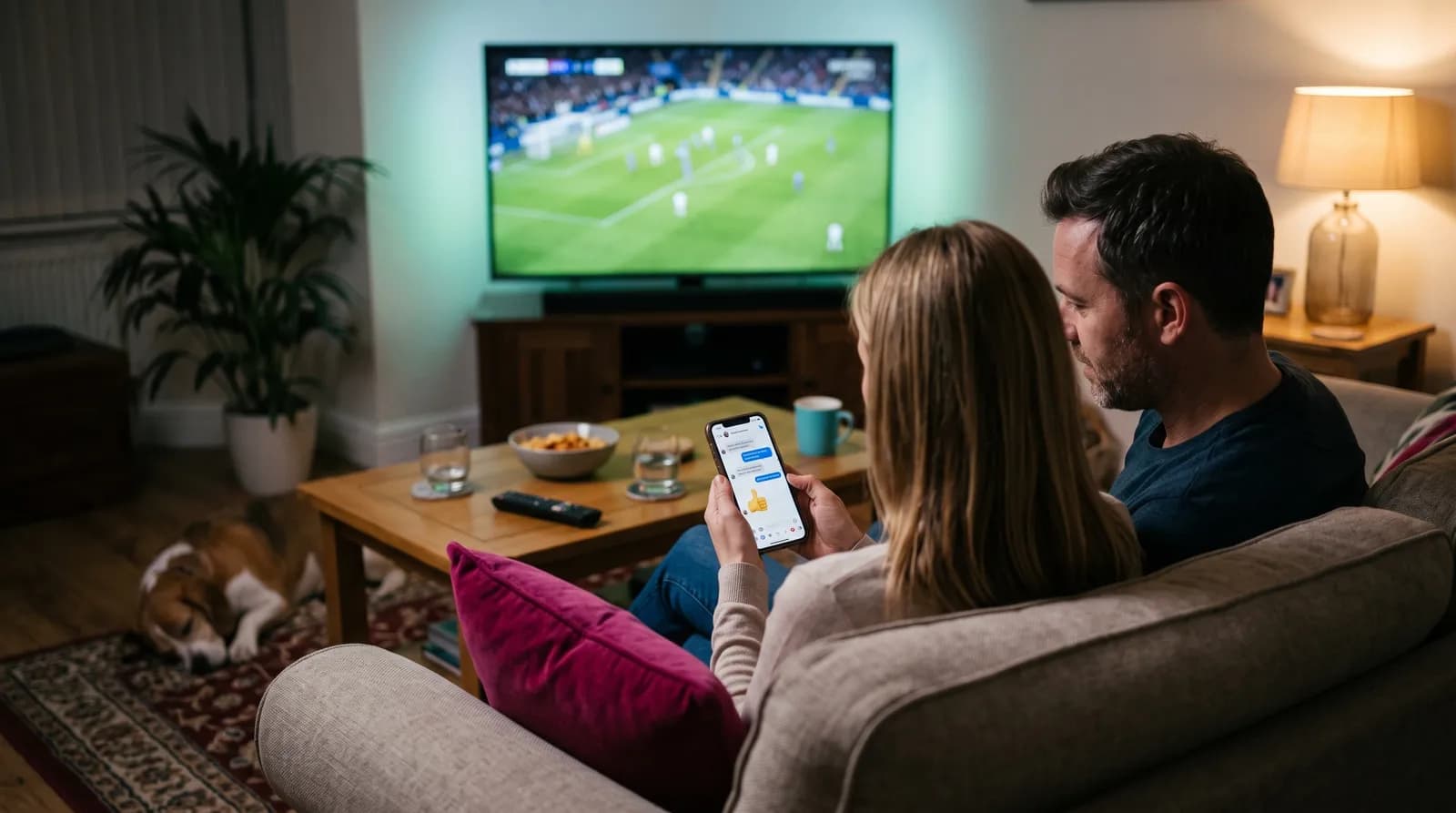 Paar schaut auf dem Sofa Fußball per IPTV und schreibt auf dem Smartphone mit dem Support – IPTV Anbieter Erfahrungen
