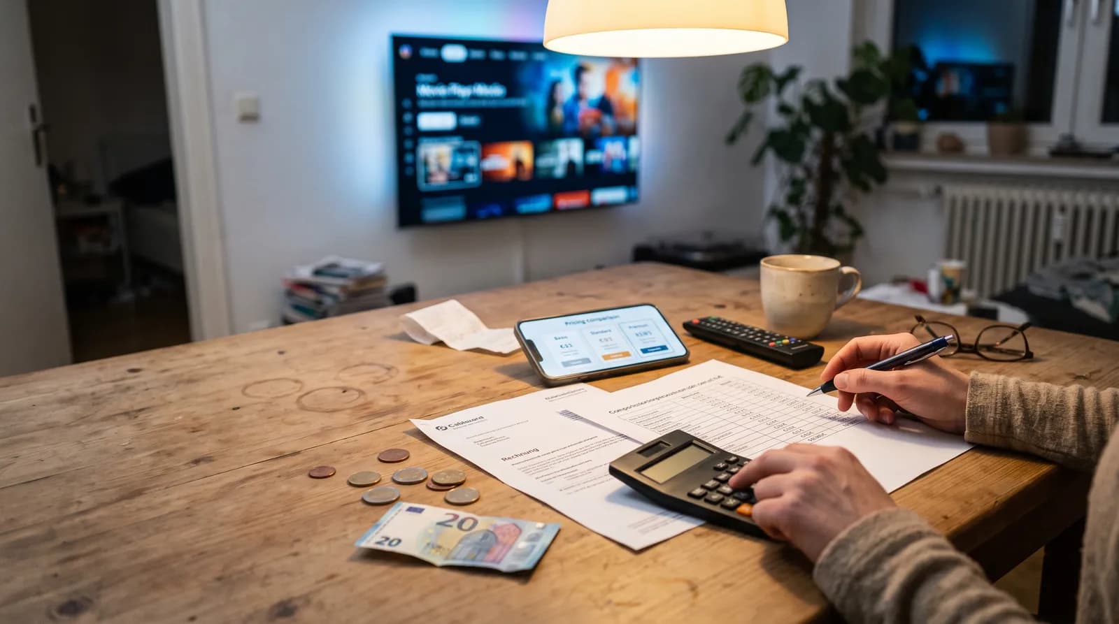 Person rechnet am Tisch mit Taschenrechner, Rechnung und Preisvergleich auf dem Smartphone, was ein IPTV Anbieter kostet – im Hintergrund ein Smart-TV