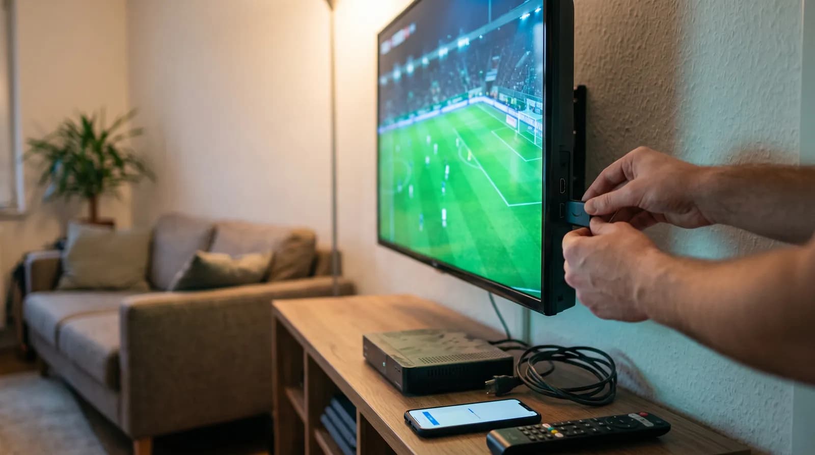 Hände stecken einen Fire TV Stick in einen Fernseher mit Fußballübertragung, daneben alter Receiver und Smartphone – IPTV Anbieter wechseln