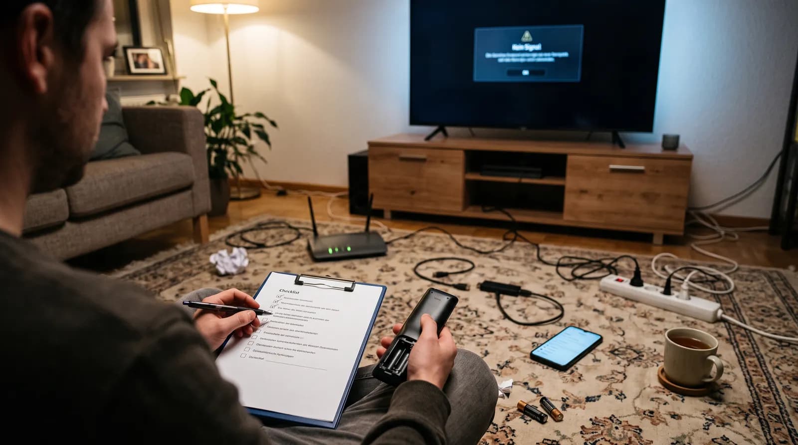 Mann arbeitet mit Klemmbrett eine Checkliste ab, der Fernseher zeigt „Kein Signal“, auf dem Boden liegen Router, Kabel und Batterien – IPTV funktioniert nicht