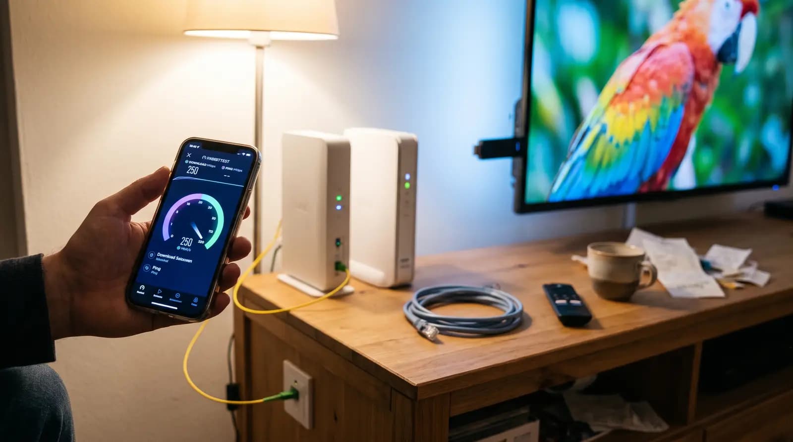 Hand hält ein Smartphone mit Speedtest neben Router und Glasfaseranschluss, daneben LAN-Kabel, Fire TV Fernbedienung und ein Fernseher mit Papagei in 4K