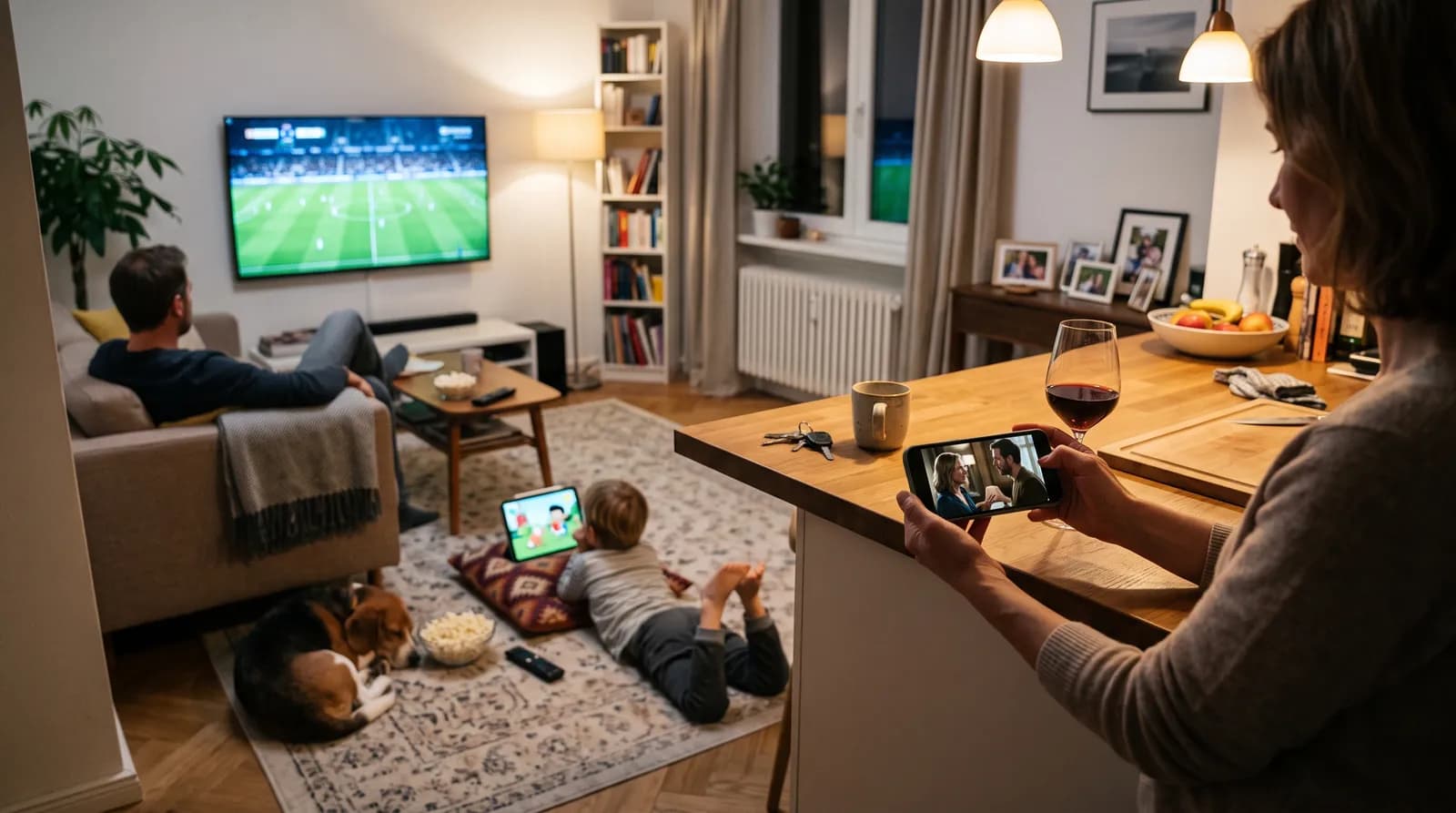 Familie nutzt IPTV gleichzeitig auf drei Geräten: Fußball auf dem Fernseher, Zeichentrick auf dem Tablet und eine Serie auf dem Smartphone