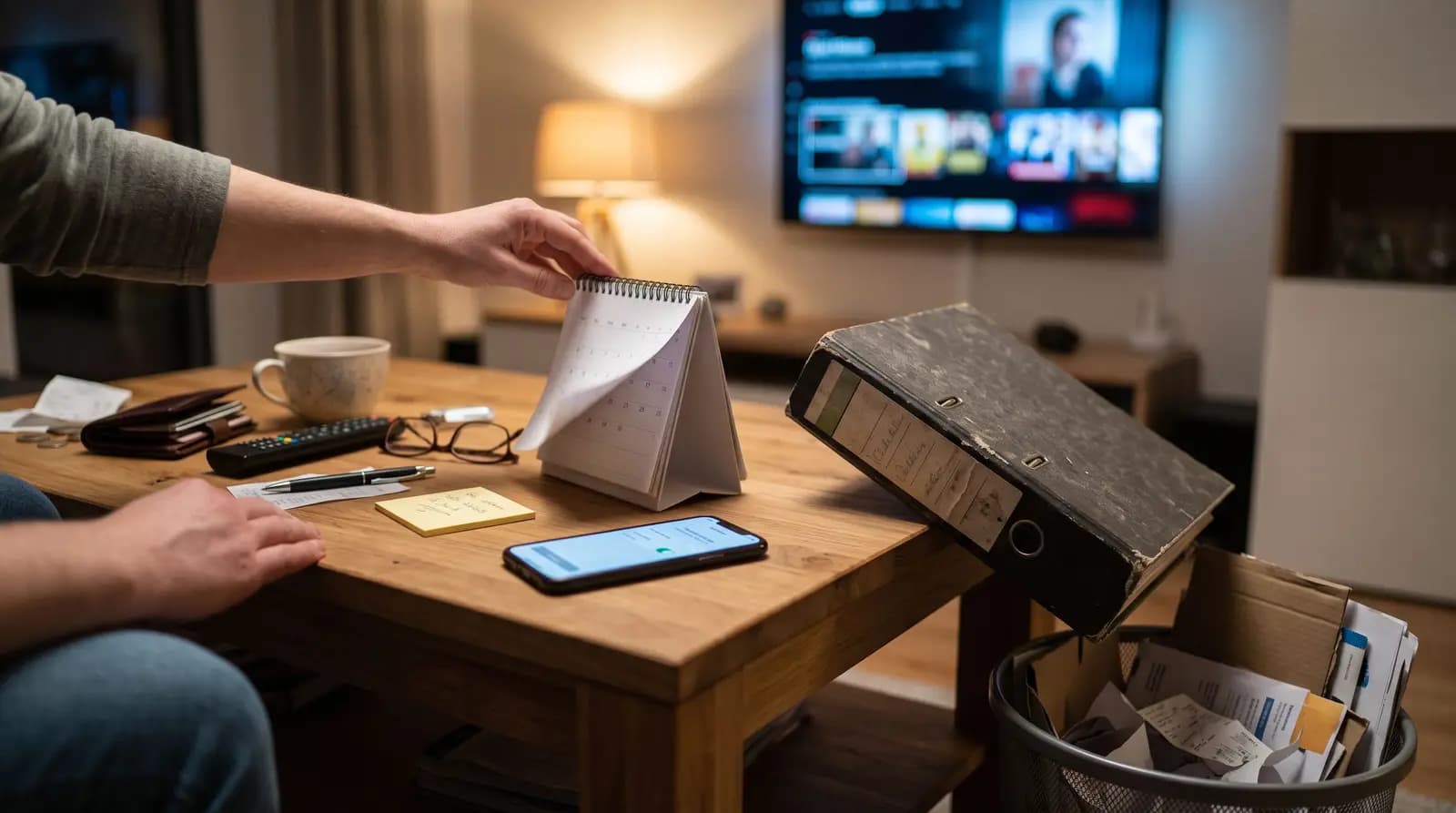 Person blättert einen Tischkalender um, daneben ein alter Vertragsordner über dem Papierkorb – im Hintergrund läuft Streaming auf dem Fernseher
