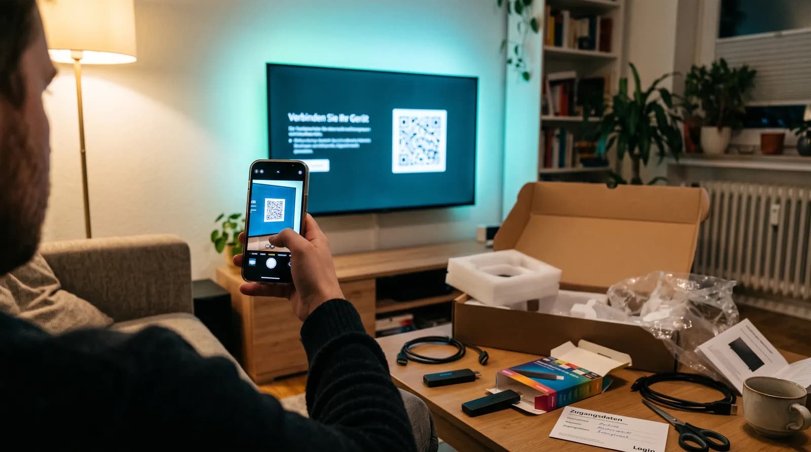 Mann fotografiert mit dem Smartphone den Einrichtungsbildschirm eines neuen Fernsehers, auf dem Tisch Karton, Fire TV Sticks und Zugangsdaten – IPTV auf neues Gerät übertragen