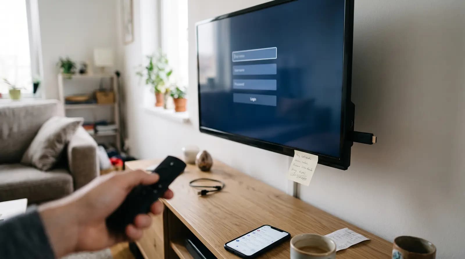 Hand mit Fire TV Fernbedienung vor einem Fernseher mit Login-Maske für Benutzername und Passwort, daneben Smartphone und Notizzettel auf dem TV-Möbel