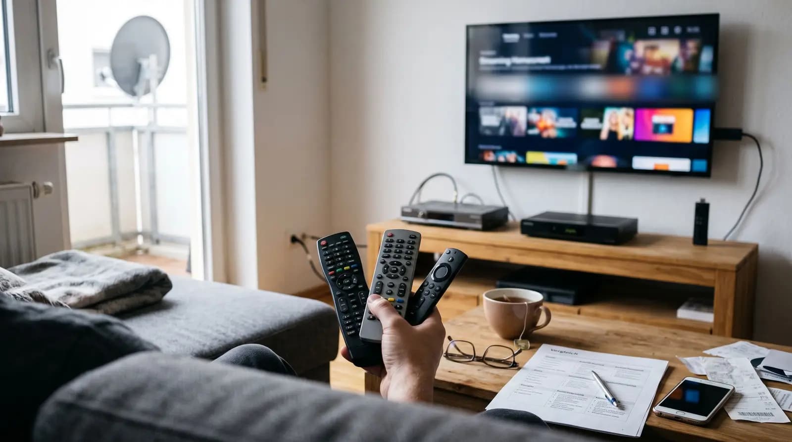 Hand mit drei Fernbedienungen für Kabel, Satellit und Streaming-Stick, im Hintergrund Satellitenschüssel am Balkon, Receiver und Fernseher mit App-Übersicht