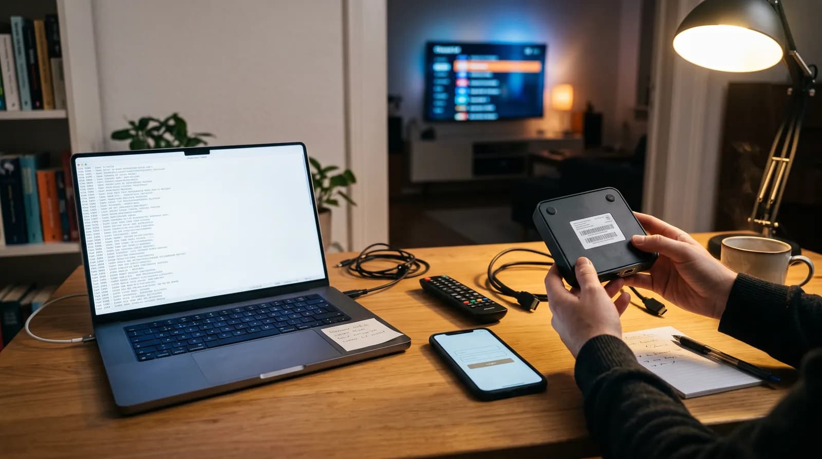 Laptop mit geöffneter M3U-Playlist, Smartphone mit Login-Maske und Hände mit IPTV-Box, deren Aufkleber die MAC-Adresse zeigt – M3U, Xtream Codes und MAC-Adresse
