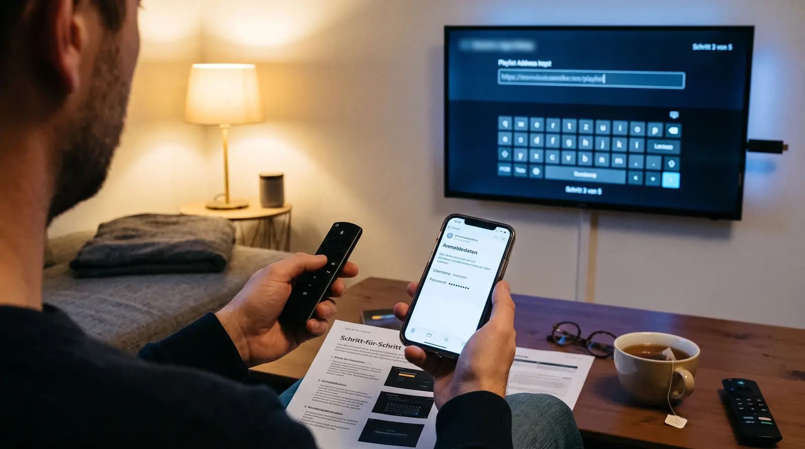 Mann mit Fire TV Fernbedienung und Smartphone mit Anmeldedaten vor dem Fernseher, auf dem eine IPTV App die Playlist-Adresse abfragt