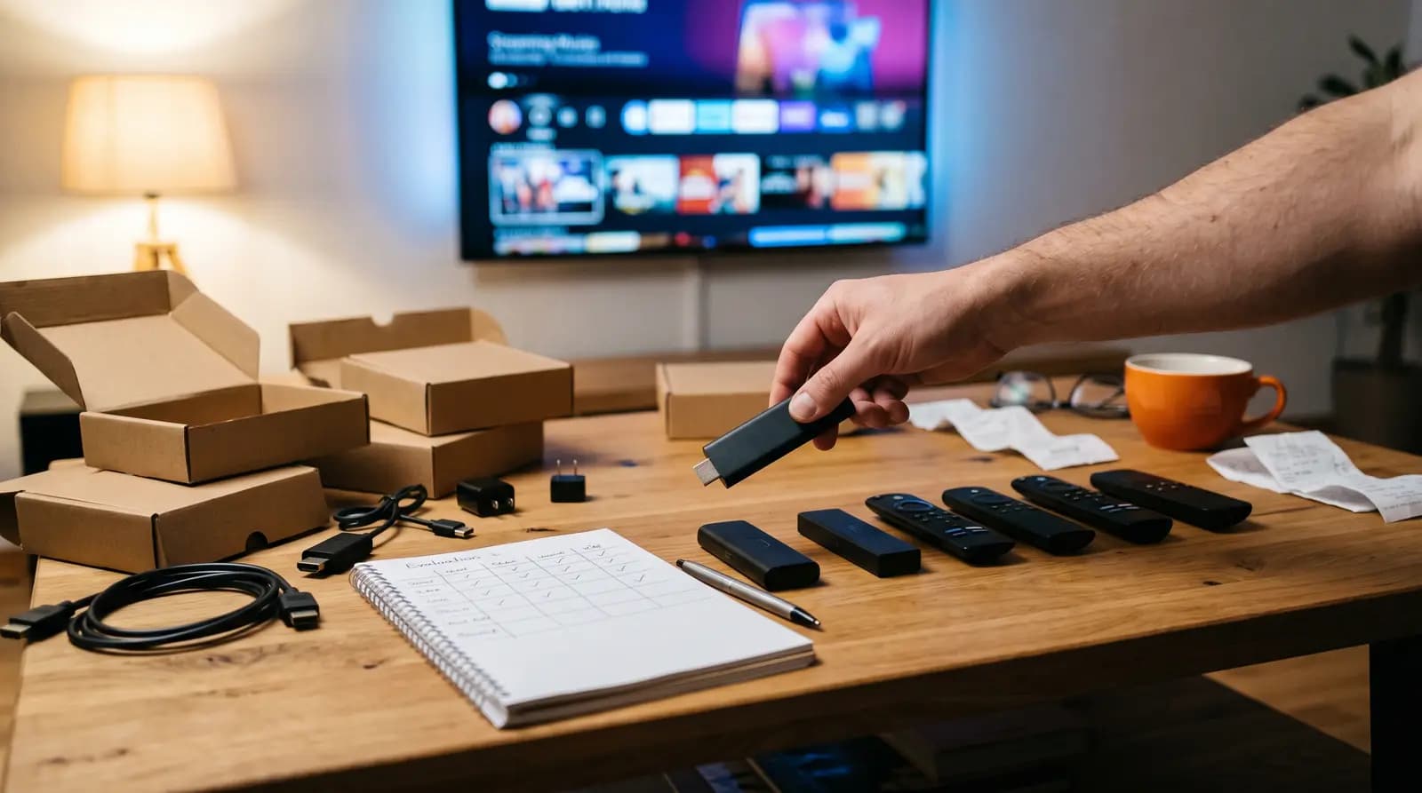 Mehrere Fire TV Sticks und Fernbedienungen nebeneinander auf einem Holztisch, eine Hand hält einen Stick, daneben ein Notizblock mit Vergleichstabelle und ein Fernseher im Hintergrund
