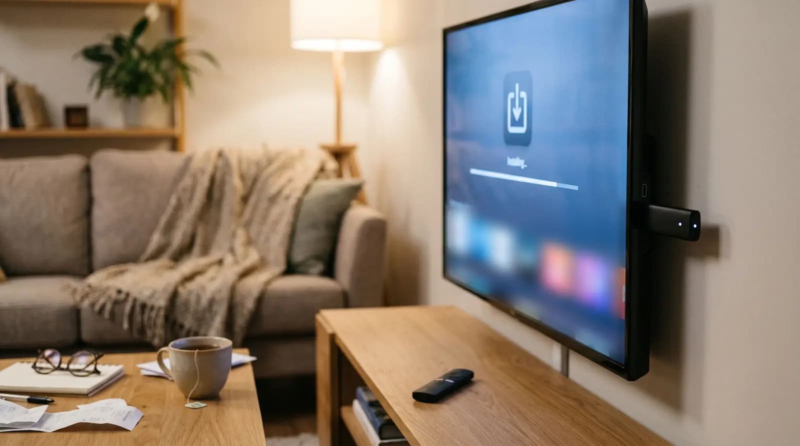 Fernseher an der Wand mit eingestecktem Fire TV Stick, auf dem Bildschirm wird eine IPTV App installiert, davor Fernbedienung und Wohnzimmer