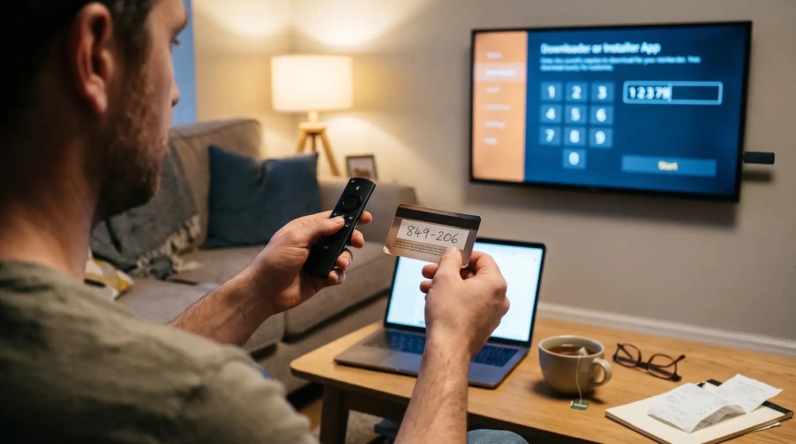 Mann mit Fire TV Fernbedienung und Karte mit Zahlencode, auf dem Fernseher die Code-Eingabe einer Downloader-App