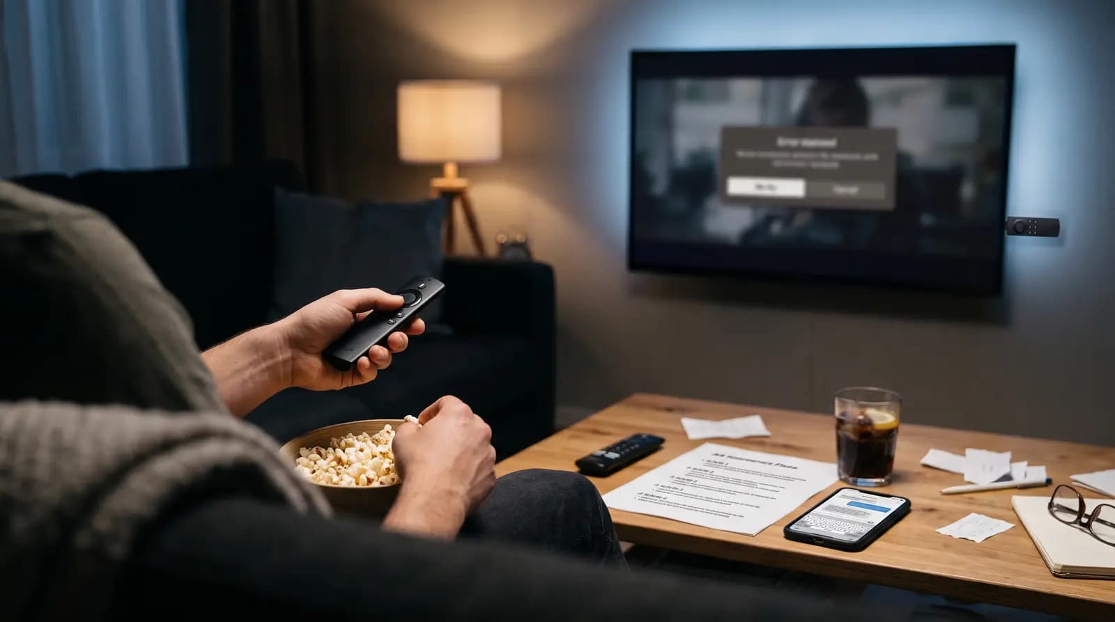 Person auf dem Sofa mit Fire TV Fernbedienung und Popcorn, auf dem Fernseher eine Fehlermeldung mit Wiederholen-Taste, auf dem Tisch eine Checkliste und ein Smartphone