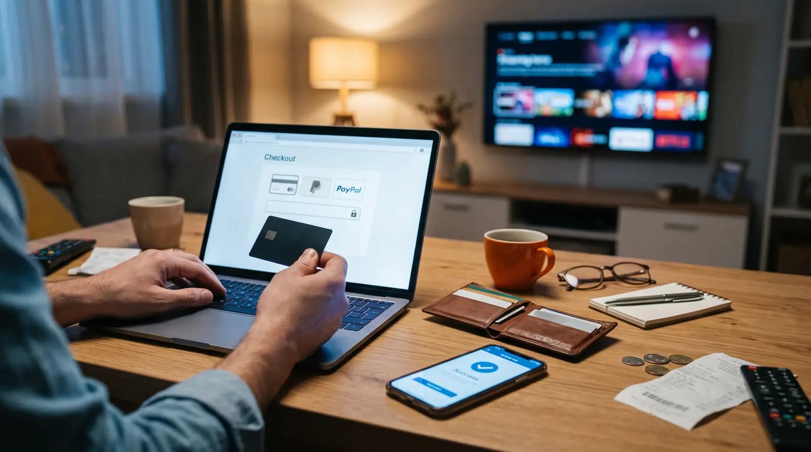 Mann bezahlt am Laptop ein IPTV Abo im Checkout mit Karte oder PayPal, auf dem Smartphone die Zahlungsbestätigung, im Hintergrund ein Smart-TV