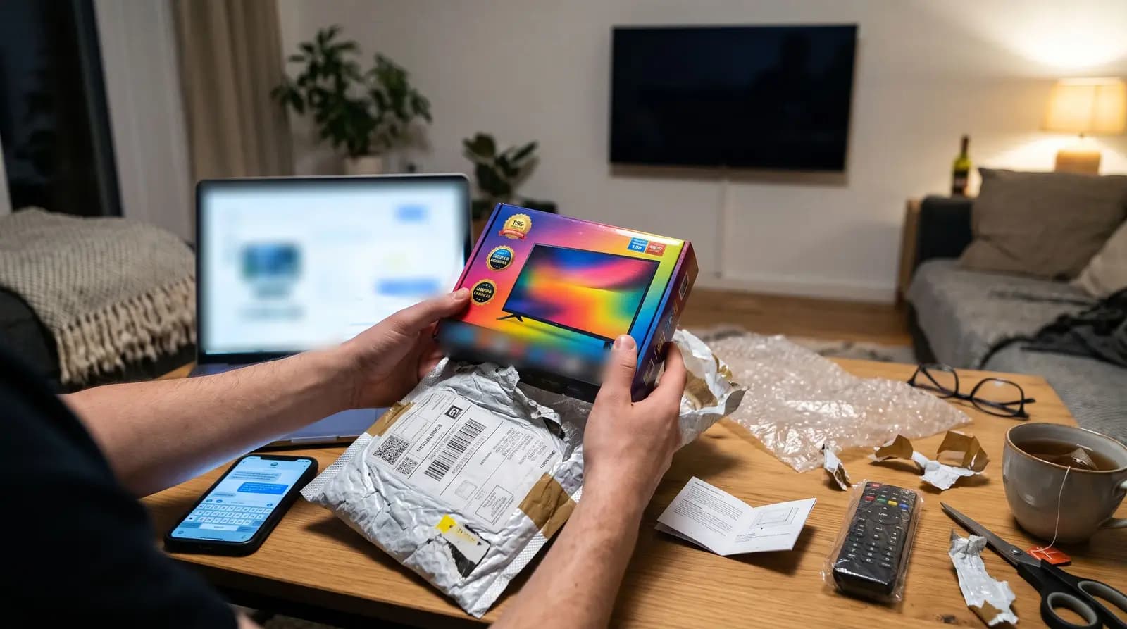 Person packt eine bunte Streaming-Box aus einem Versandbeutel aus, dahinter ein Laptop mit Marktplatz-Angebot, auf dem Tisch Smartphone, Fernbedienung und Anleitung