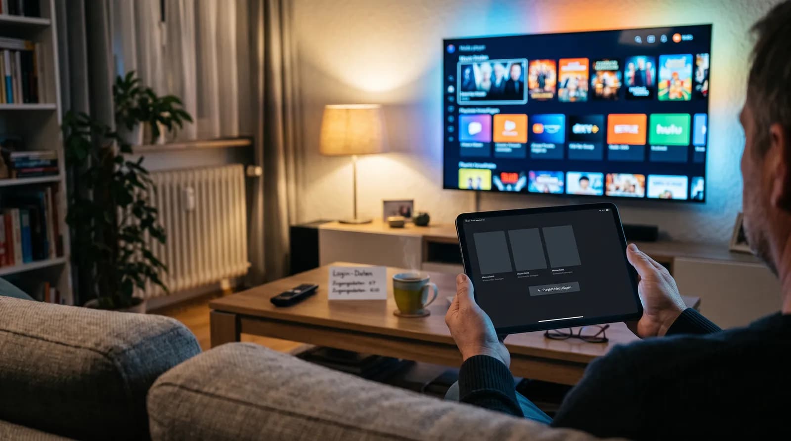 Mann fügt auf dem Tablet in einer IPTV-Player-App eine Playlist hinzu, auf dem Smart-TV dahinter erscheinen Filme und Serien – IPTV-Player und IPTV Anbieter