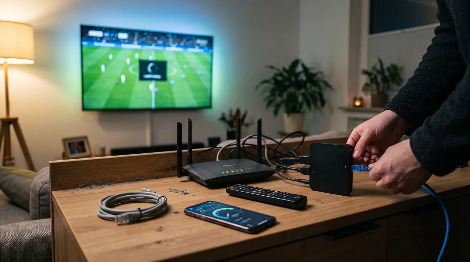 Hand steckt ein LAN-Kabel in eine IPTV-Box neben dem Router, auf dem Smartphone läuft ein Speedtest, im Hintergrund buffert ein Fußballspiel – IPTV ruckelt