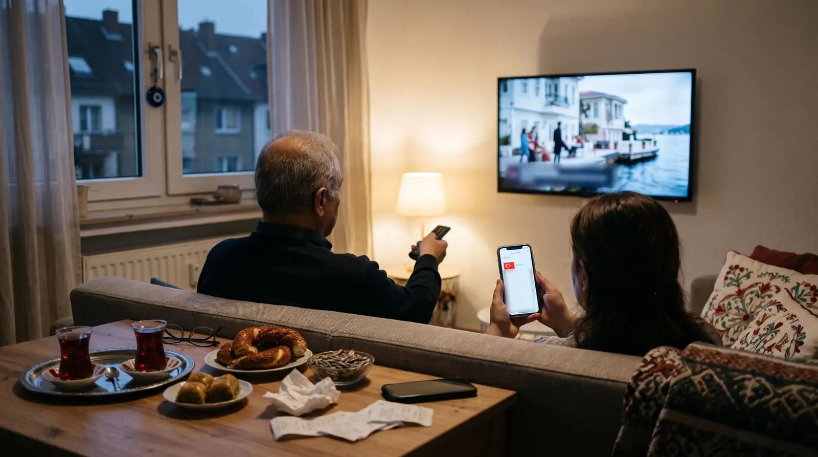 Vater und Tochter auf dem Sofa schauen eine Serie auf dem Fernseher, auf dem Handy eine Senderliste mit türkischer Flagge, auf dem Tisch Tee, Simit und Baklava