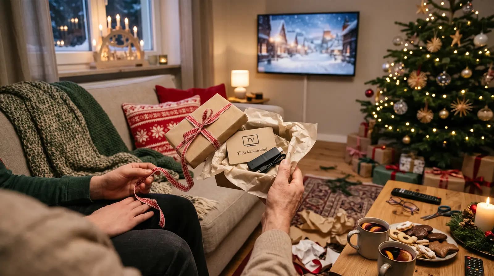 Weihnachtsgeschenk mit Karte „Frohe Weihnachten“ und Streaming-Stick im Seidenpapier, dahinter Weihnachtsbaum, Fernseher mit Winterlandschaft, Glühwein und Plätzchen
