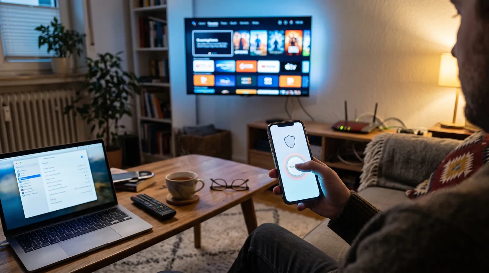 Mann verbindet auf dem Smartphone eine VPN-App, auf dem Laptop sind Netzwerkeinstellungen geöffnet, im Hintergrund Smart-TV und Router – IPTV mit VPN