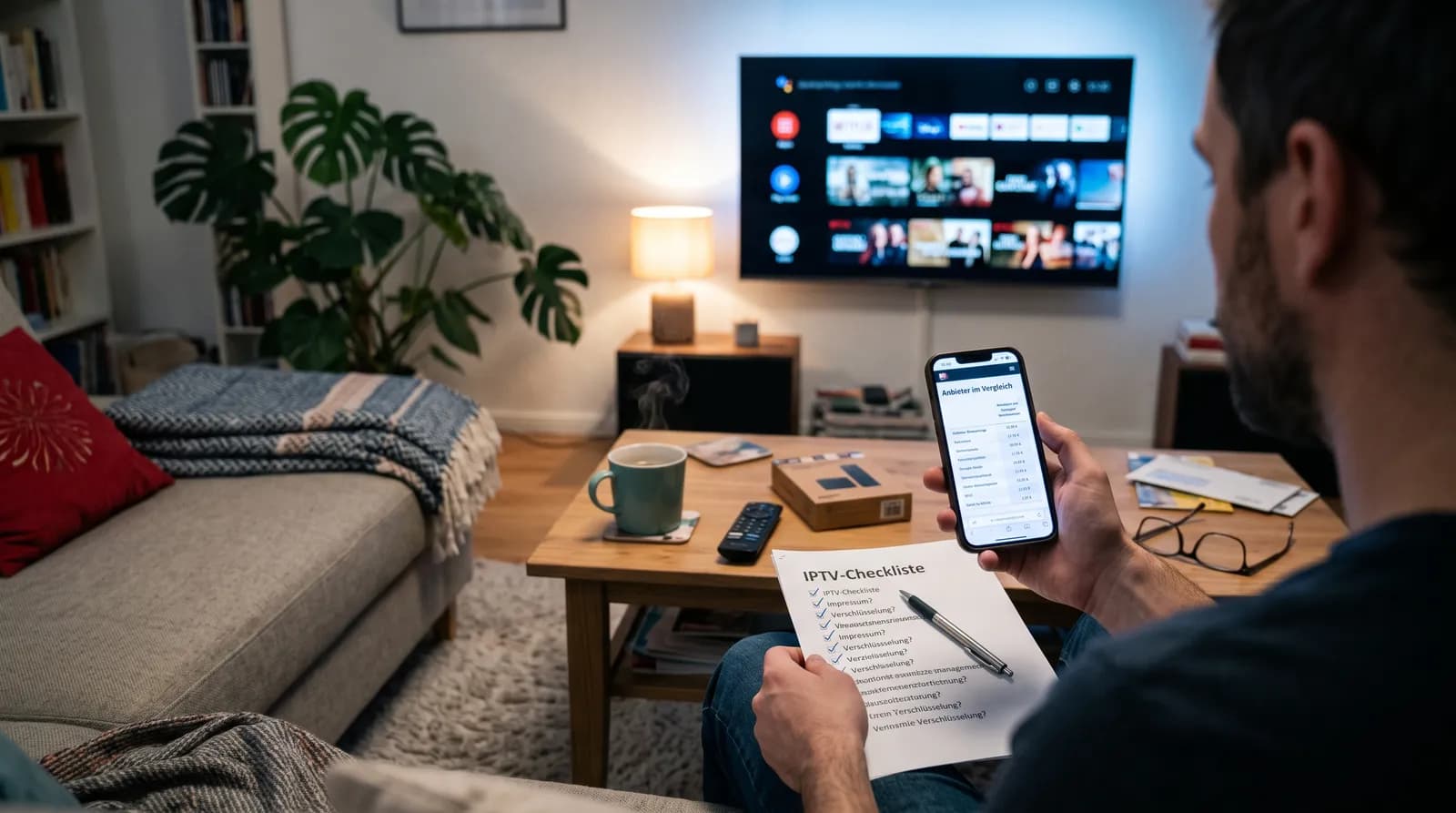 Mann auf dem Sofa prüft mit Smartphone und IPTV-Checkliste, ob ein IPTV Anbieter seriös ist – im Hintergrund ein Smart-TV mit Streaming-Apps