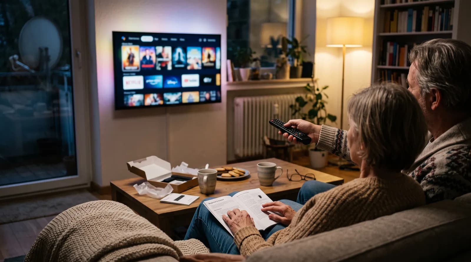 Älteres Paar entdeckt IPTV auf dem Smart-TV mit Fernbedienung und Einsteiger-Ratgeber, draußen auf dem Balkon eine alte Satellitenschüssel – was ist IPTV