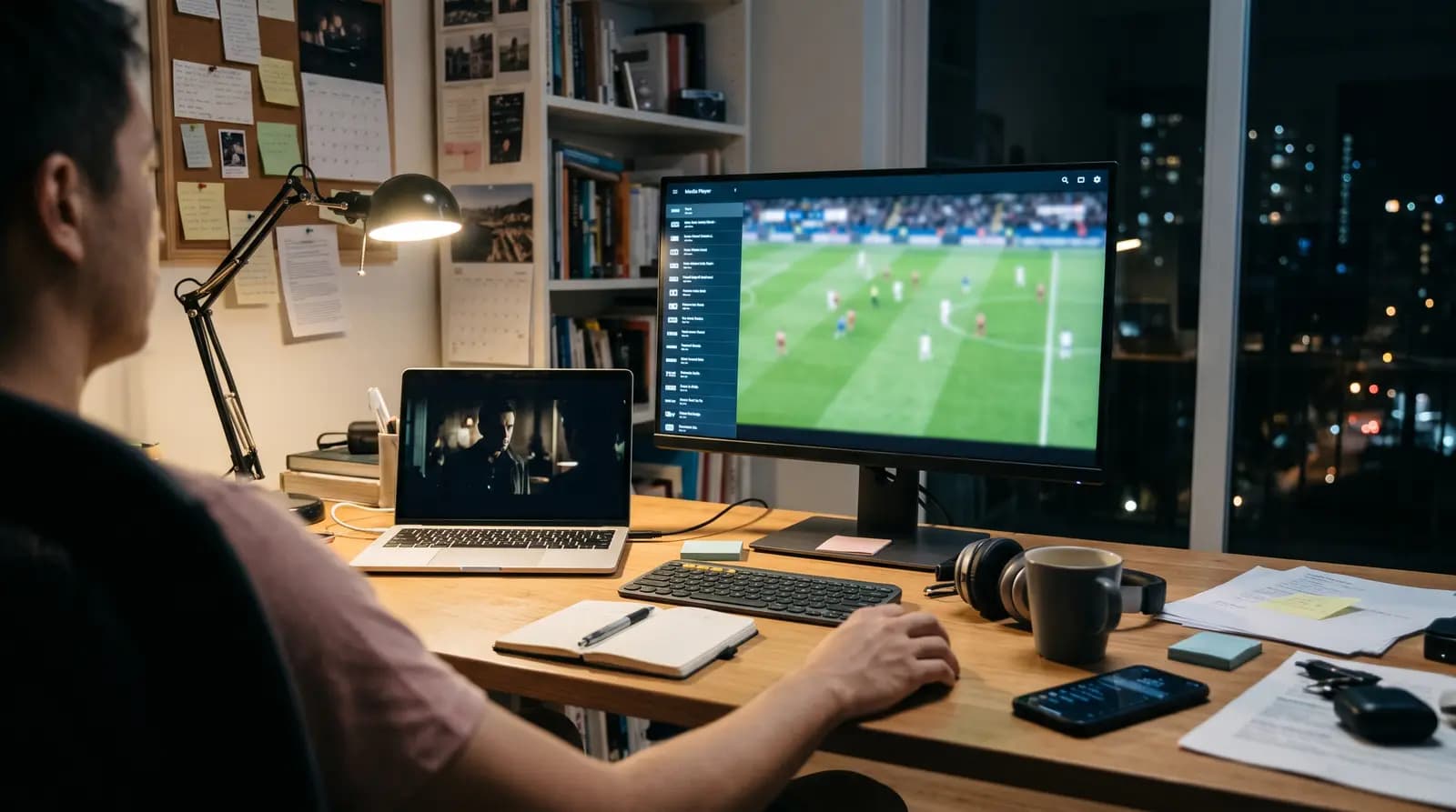 Mann am Schreibtisch schaut auf einem Monitor ein Fußballspiel in einer IPTV-App, daneben ein Laptop mit einem Film