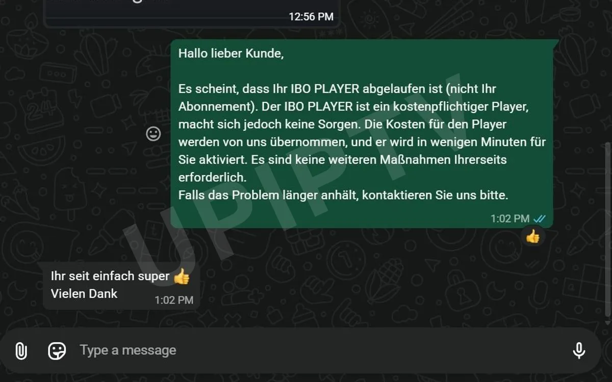 UpIPTV Erfahrungen – WhatsApp-Kundenfeedback, nachdem der abgelaufene IBO Player auf Kosten des Anbieters aktiviert wurde