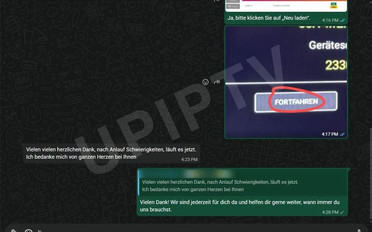 UpIPTV Erfahrungen – WhatsApp-Nachricht einer Kundin nach Schritt-für-Schritt-Hilfe bei der Einrichtung: läuft jetzt